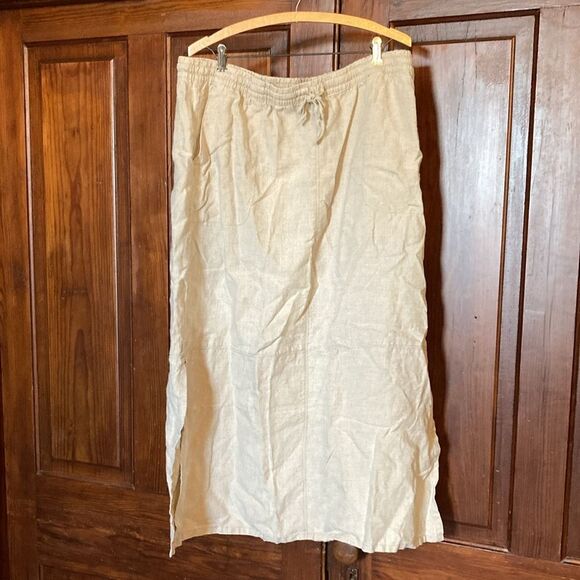 Garnet Hill 100% Linen Beige Side Slits Elastic Waist Maxi Skirt Size 18 Pockets - Picture 1 of 9